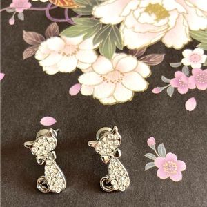Silver Crystal Cat Bow Earrings